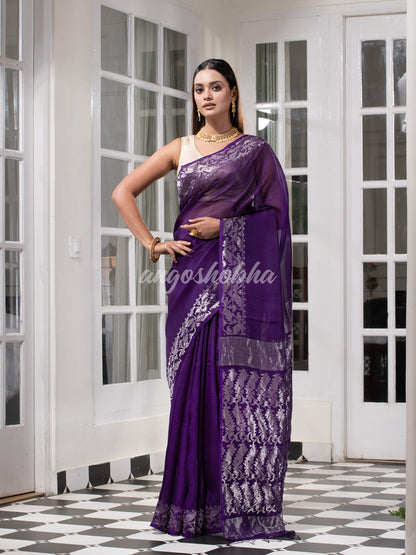 Traditional Purple Muslin Silk Zari Work Handloom Saree