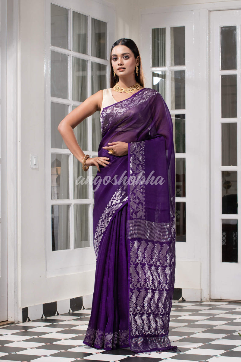 Traditional Purple Muslin Silk Zari Work Handloom Saree