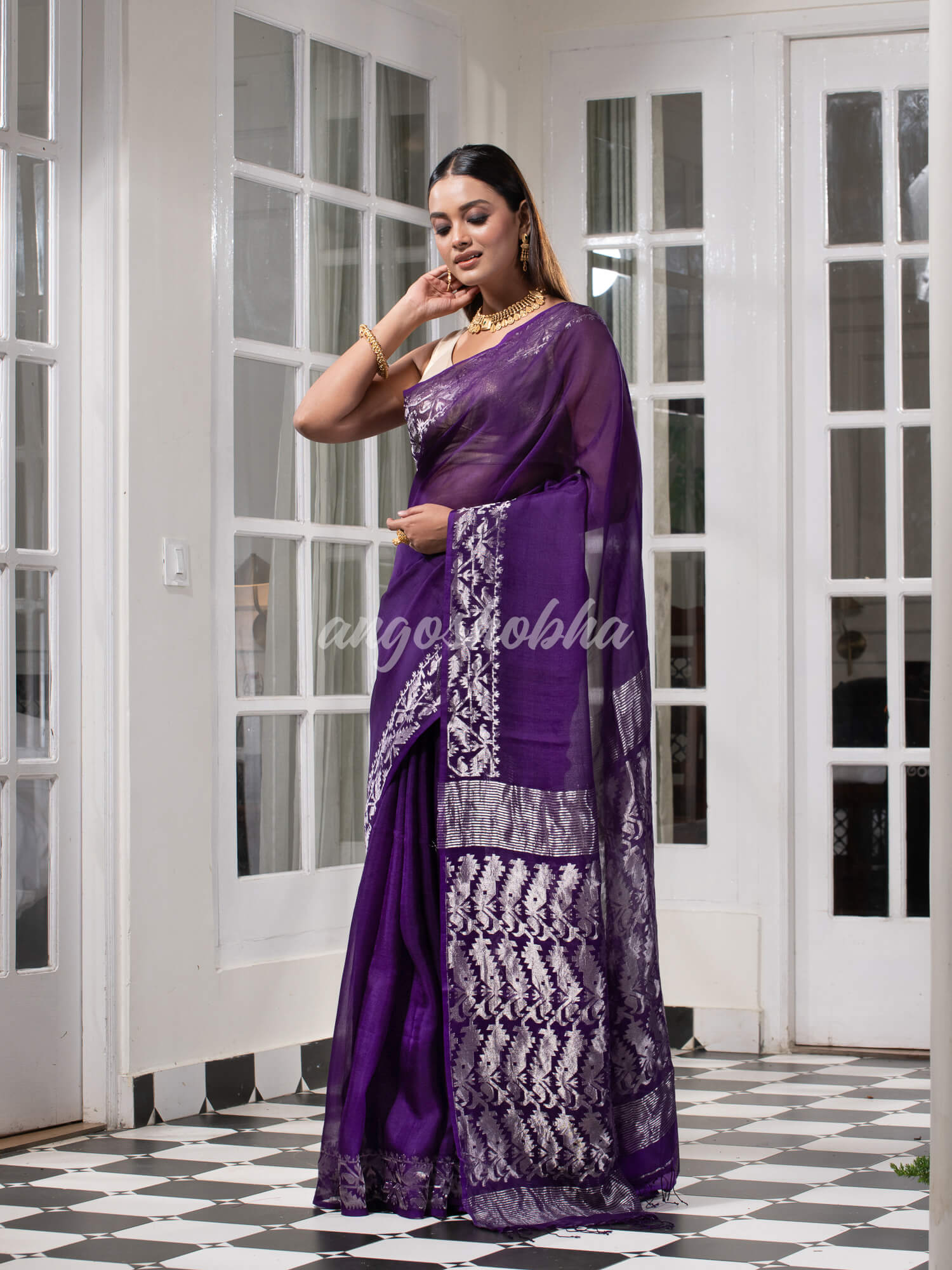 Traditional Purple Muslin Silk Zari Work Handloom Saree