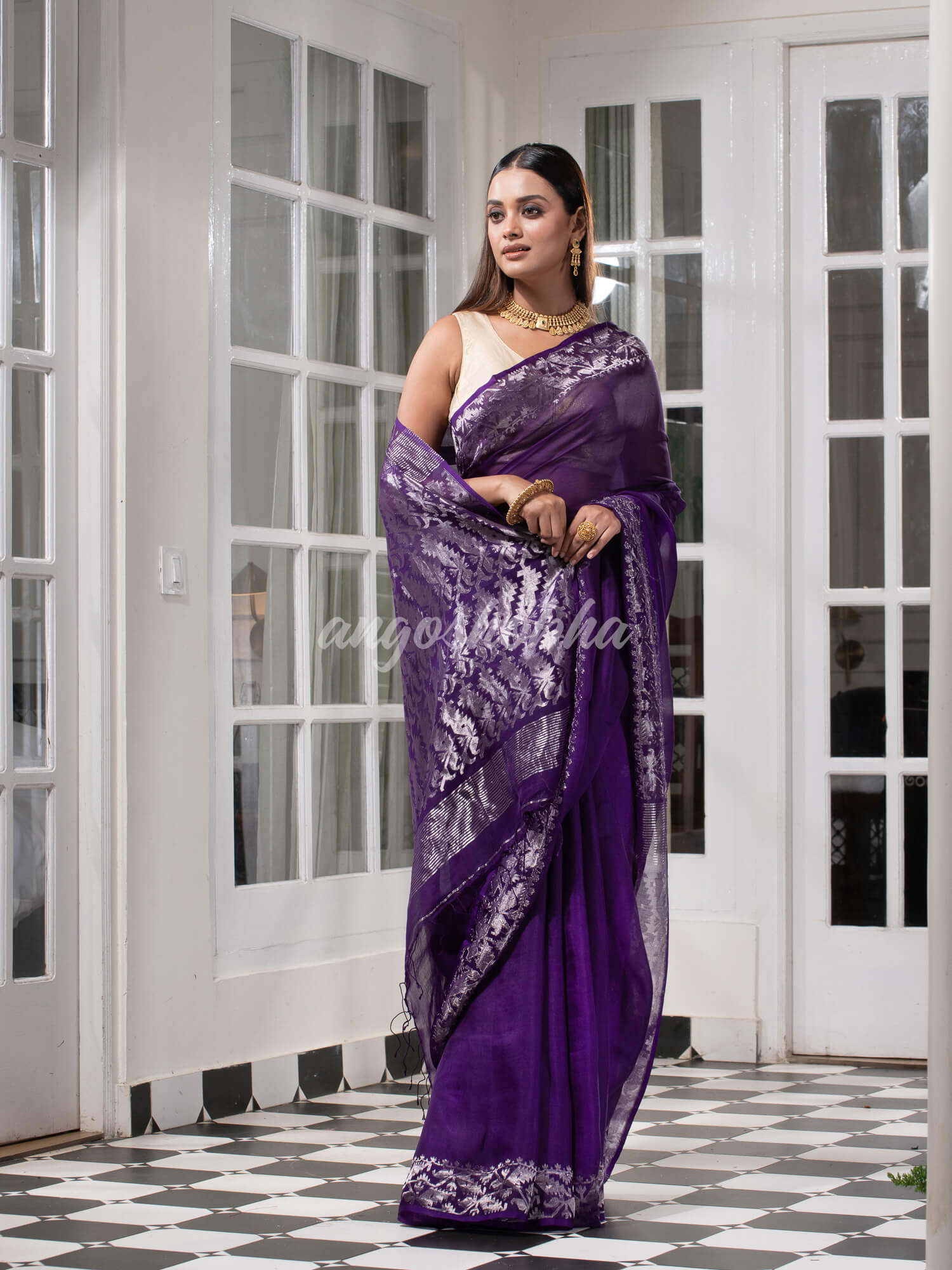Traditional Purple Muslin Silk Zari Work Handloom Saree