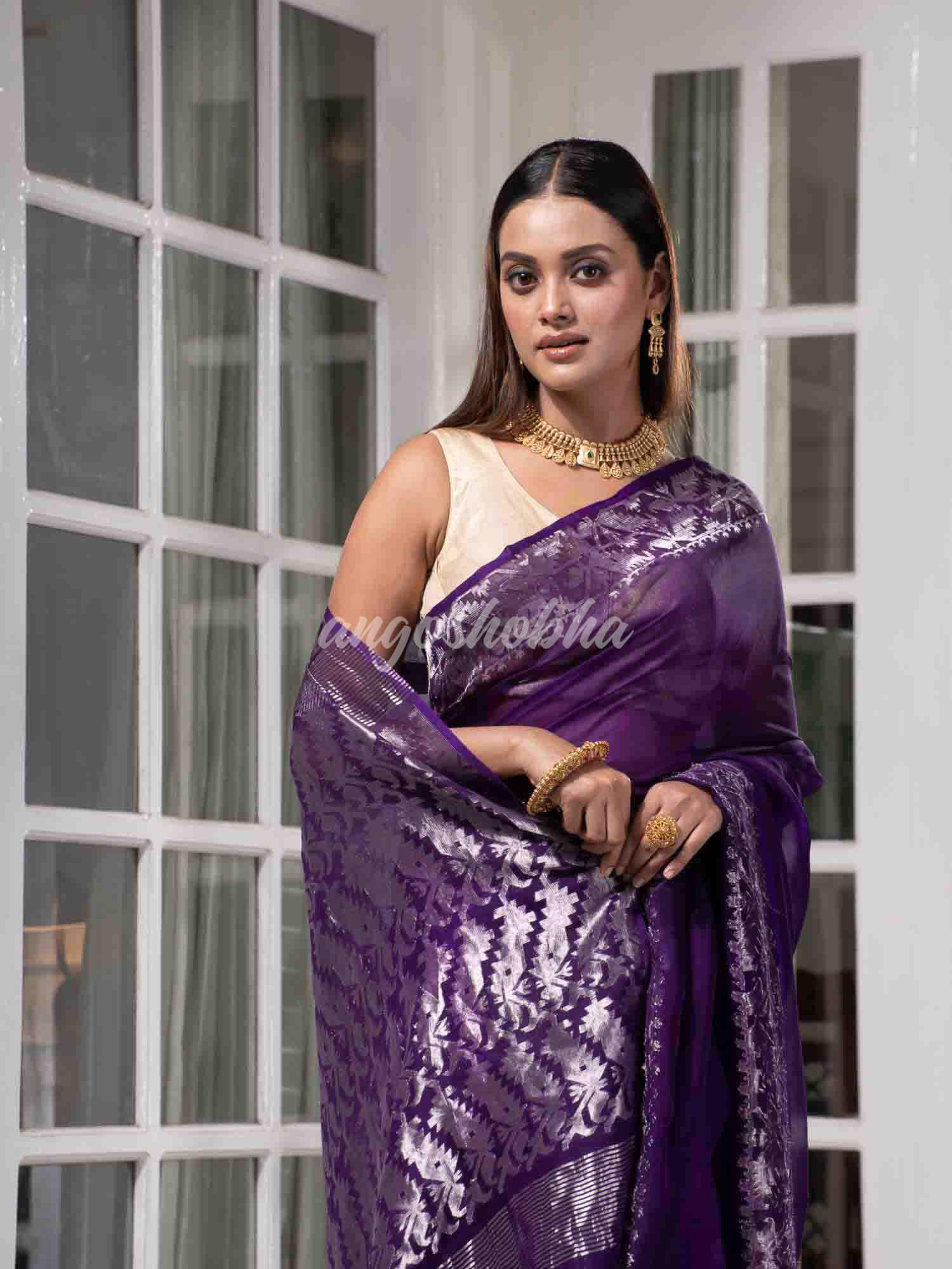 Traditional Purple Muslin Silk Zari Work Handloom Saree