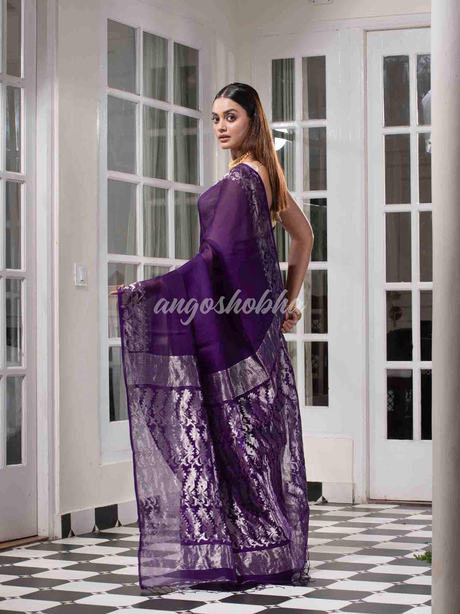 Traditional Purple Muslin Silk Zari Work Handloom Saree