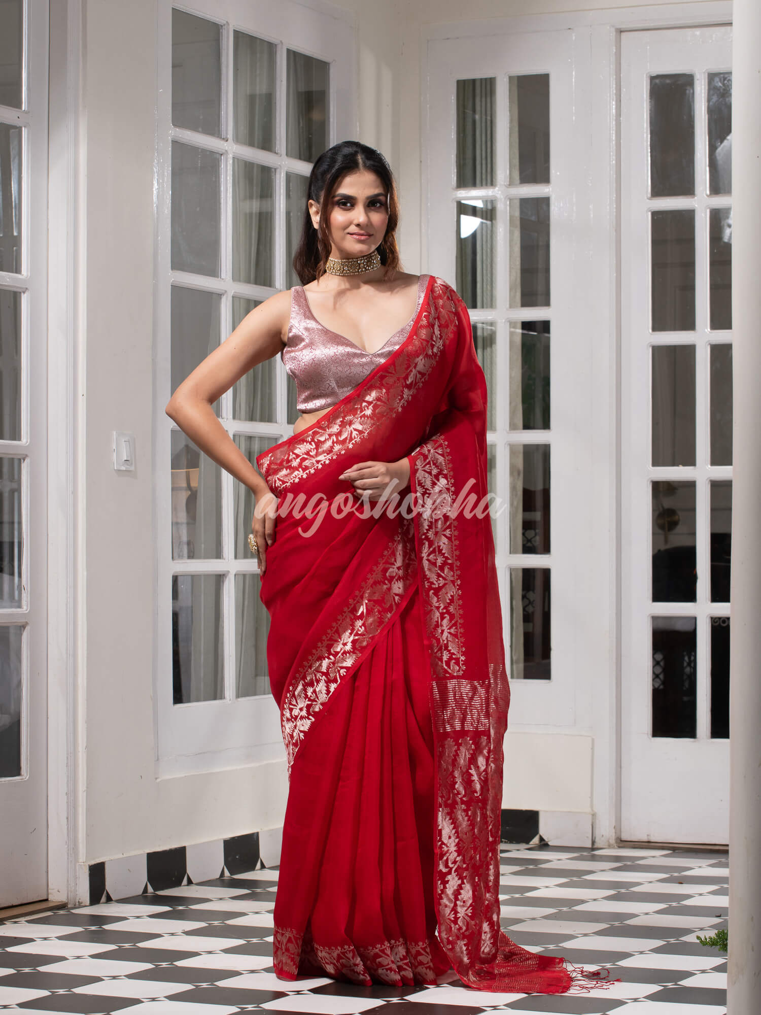 Traditional Red Muslin Silk Zari Work Handloom Saree