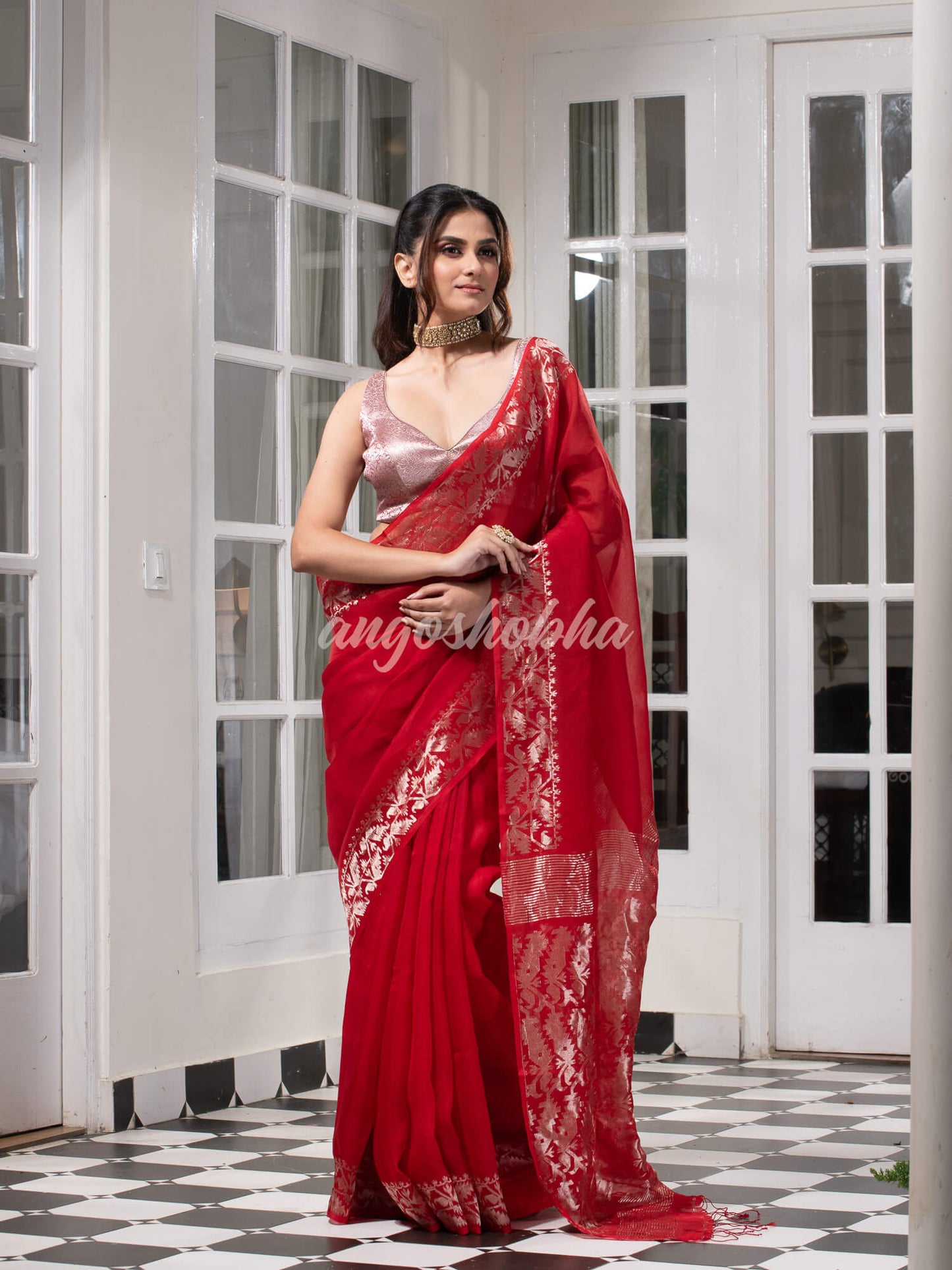 Traditional Red Muslin Silk Zari Work Handloom Saree