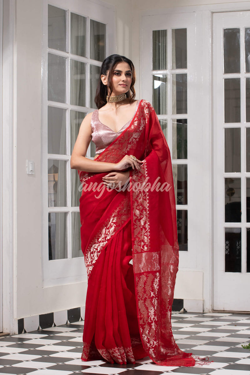Traditional Red Muslin Silk Zari Work Handloom Saree
