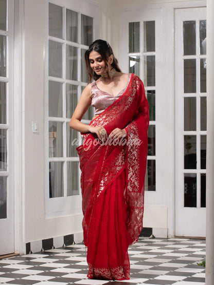 Traditional Red Muslin Silk Zari Work Handloom Saree