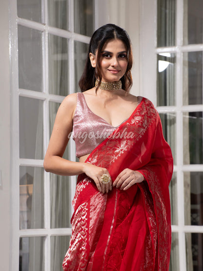 Traditional Red Muslin Silk Zari Work Handloom Saree