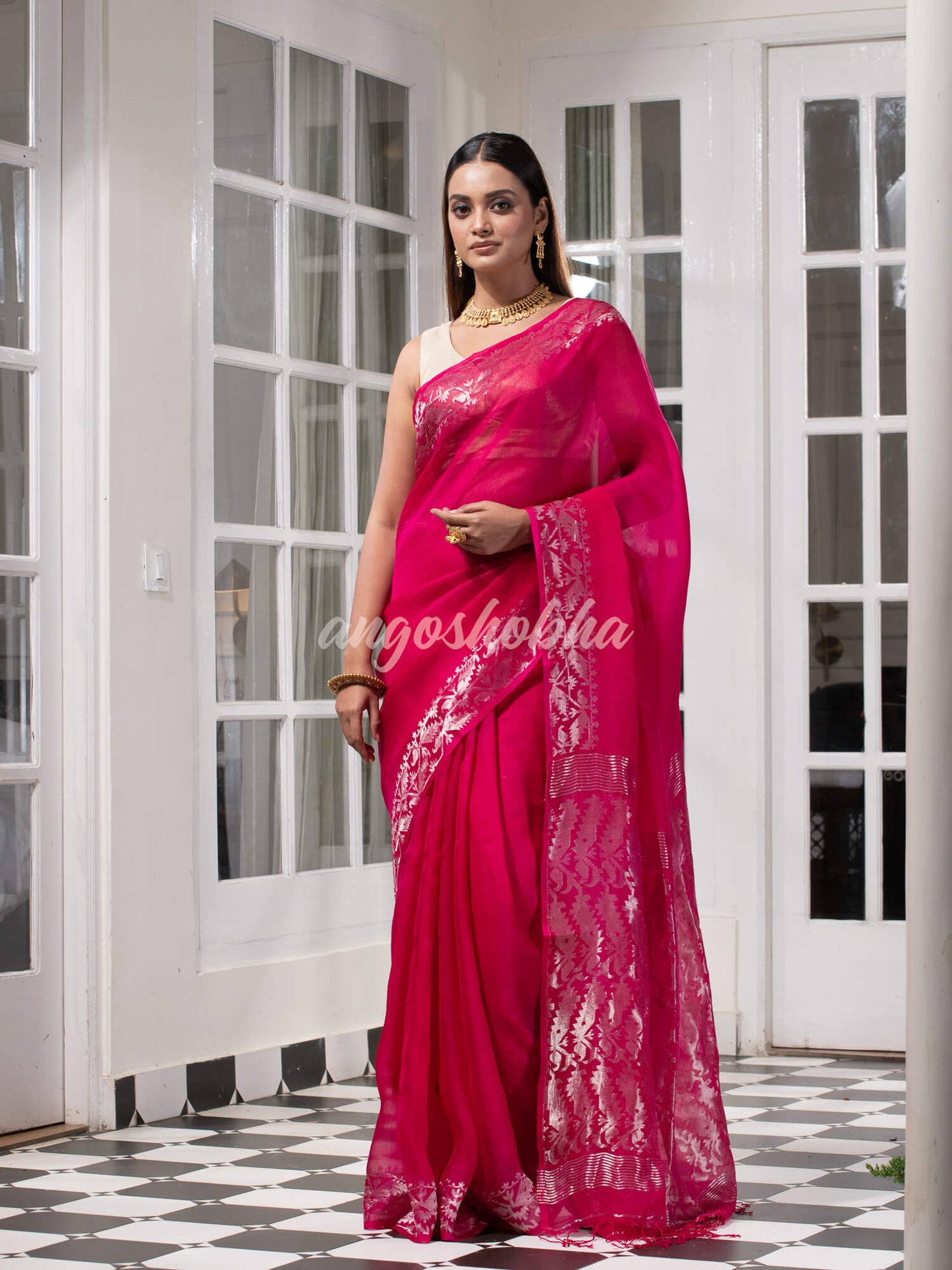 Traditional Pink Muslin Silk Zari Work Handloom Saree