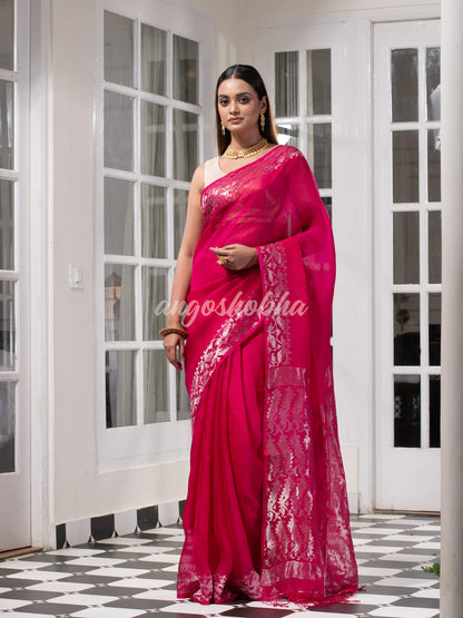Traditional Pink Muslin Silk Zari Work Handloom Saree