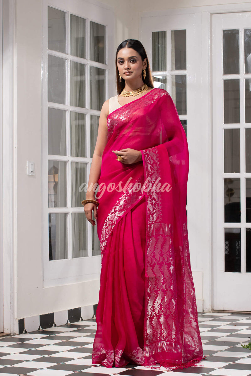 Traditional Pink Muslin Silk Zari Work Handloom Saree