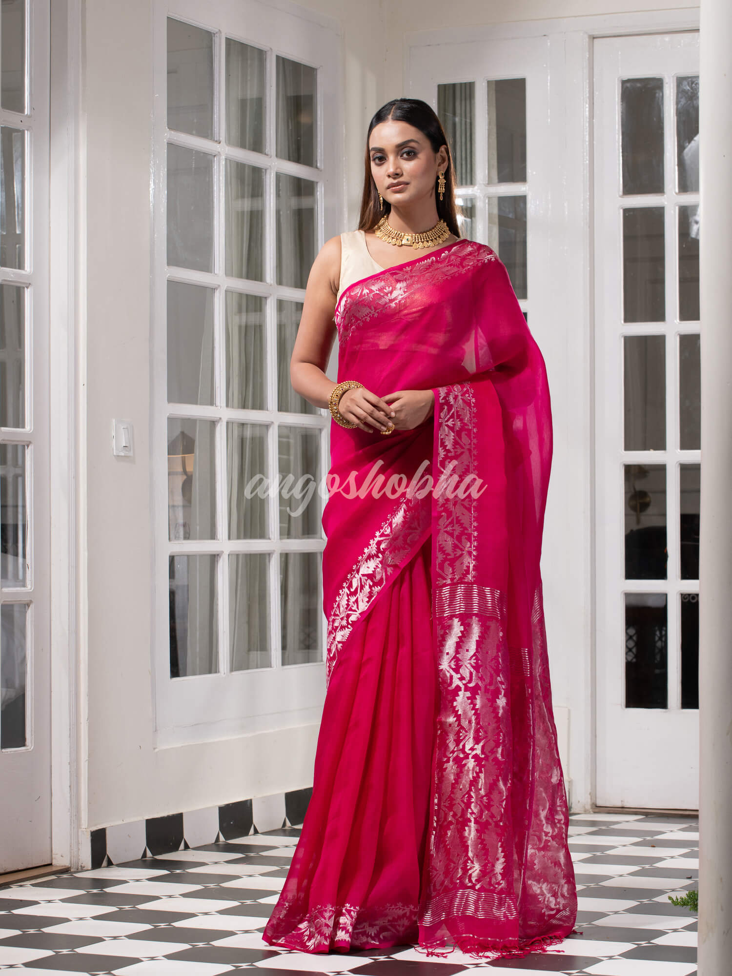 Traditional Pink Muslin Silk Zari Work Handloom Saree