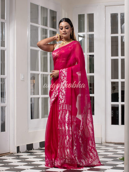 Traditional Pink Muslin Silk Zari Work Handloom Saree