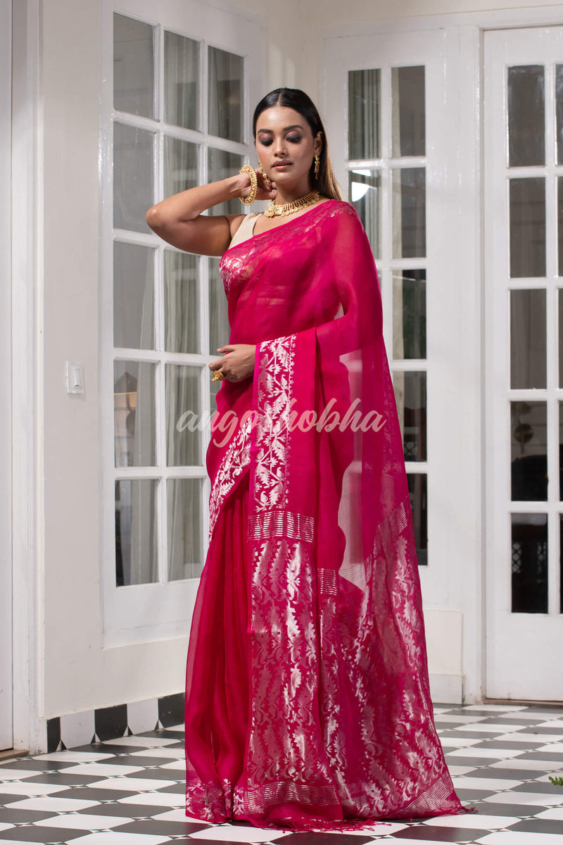 Traditional Pink Muslin Silk Zari Work Handloom Saree