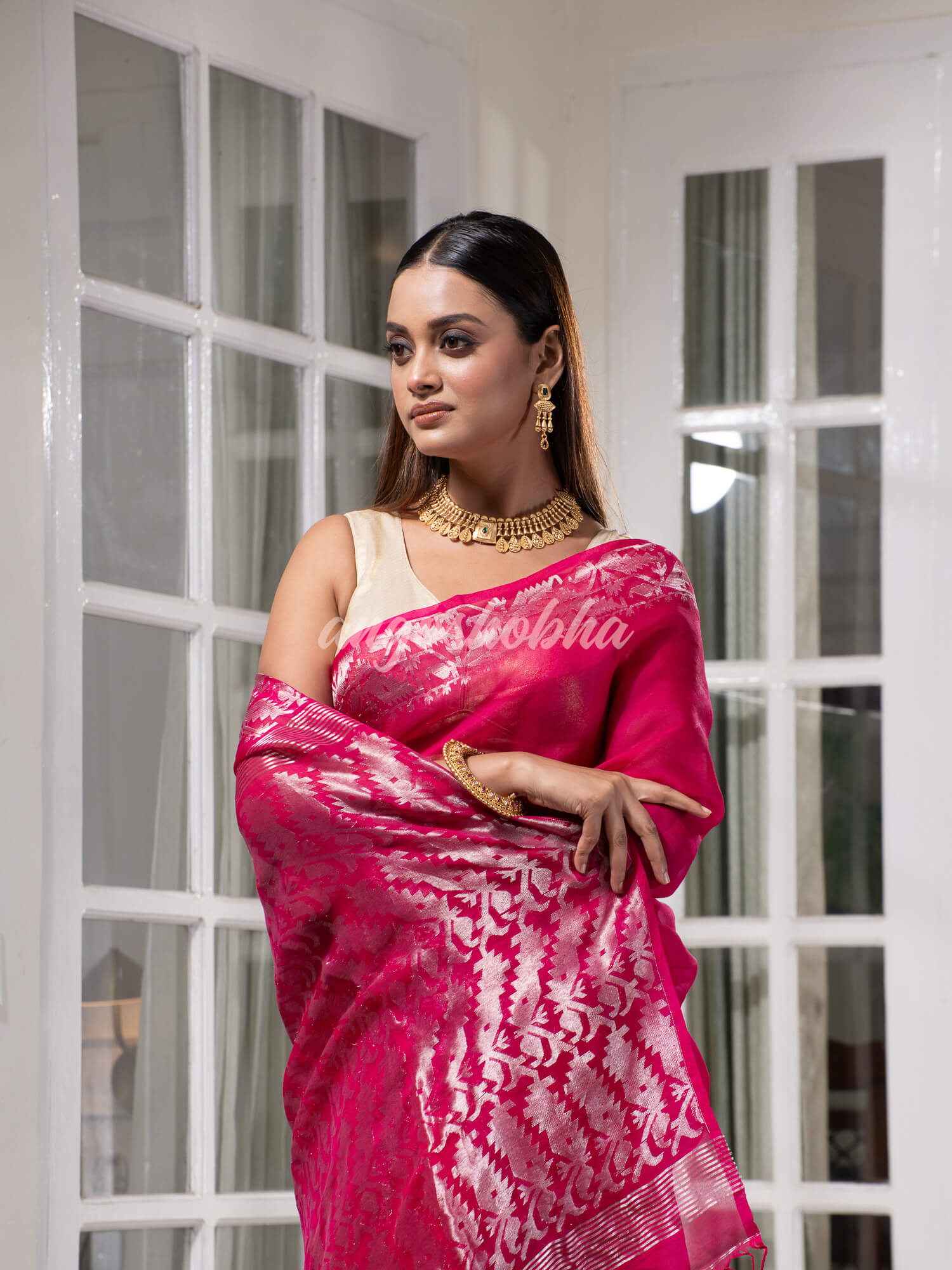 Traditional Pink Muslin Silk Zari Work Handloom Saree