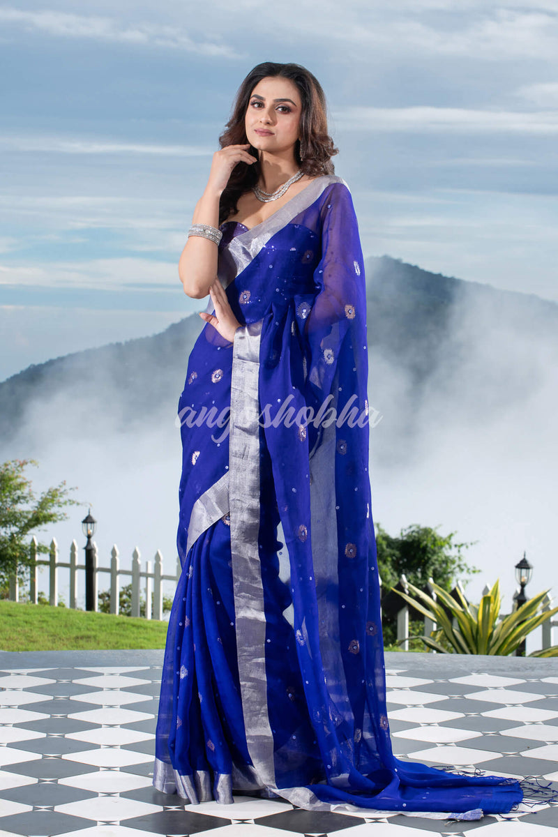 Traditional Royal Blue Muslin Silk Zari Work Handloom Saree