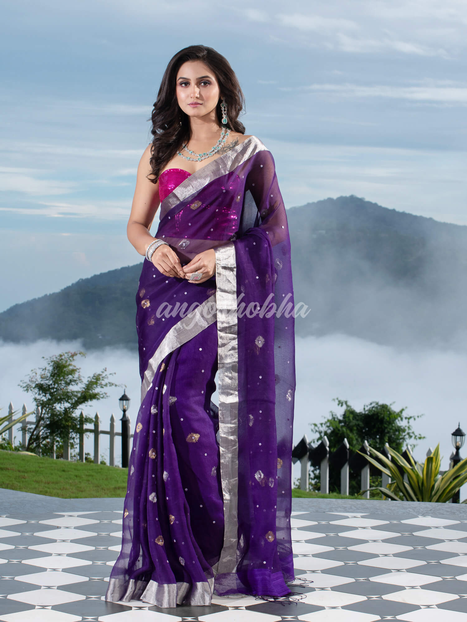 Traditional Purple Muslin Silk Zari Work Handloom Saree
