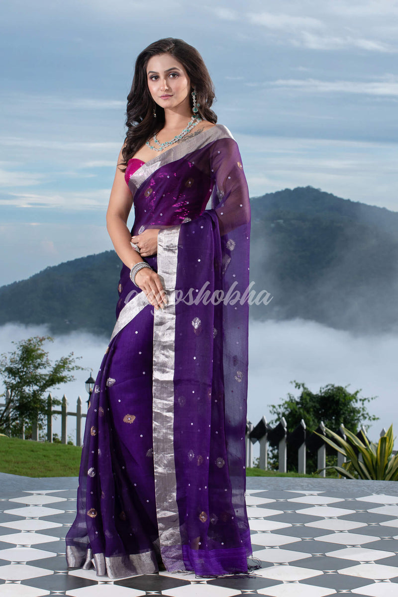 Traditional Purple Muslin Silk Zari Work Handloom Saree
