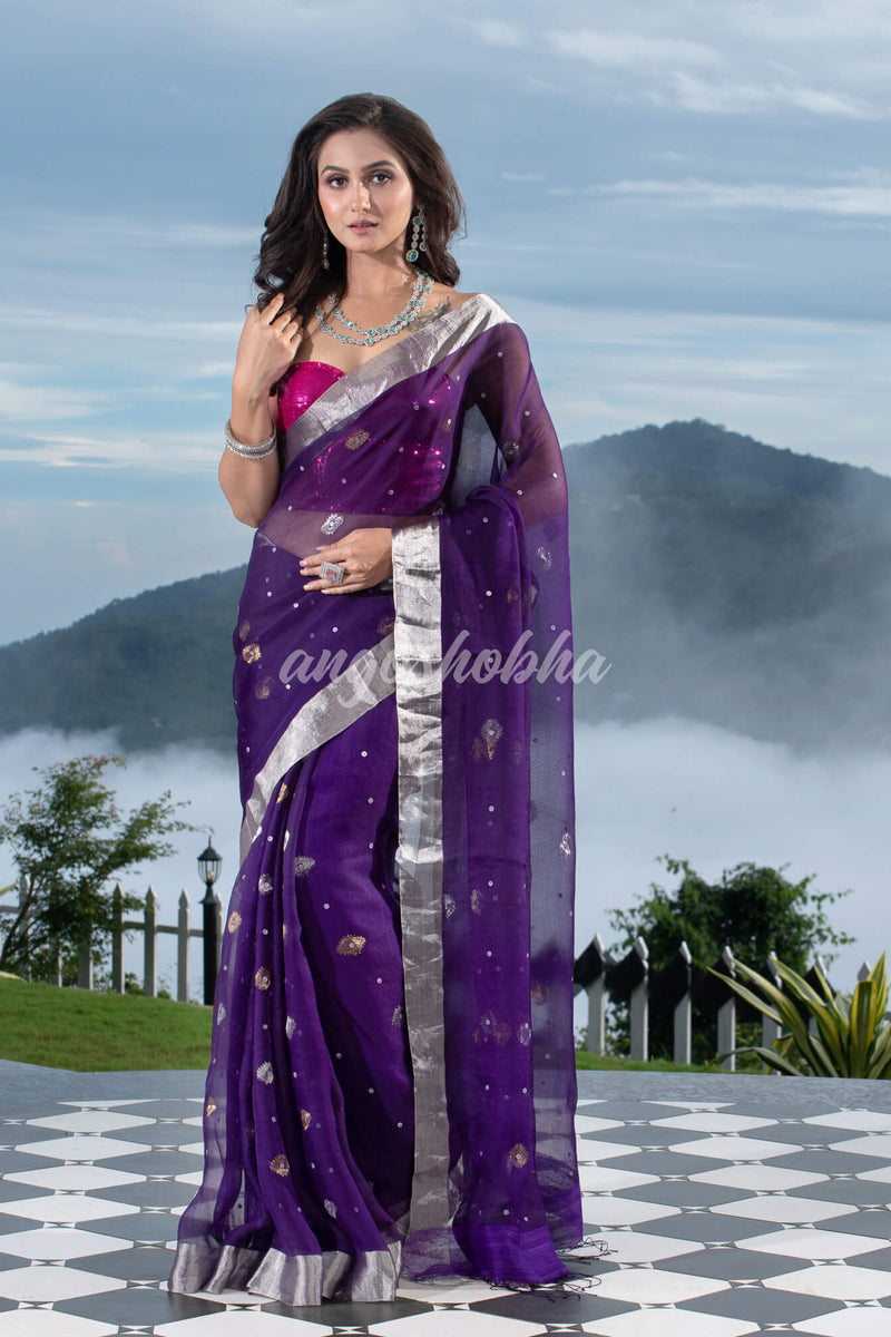 Traditional Purple Muslin Silk Zari Work Handloom Saree