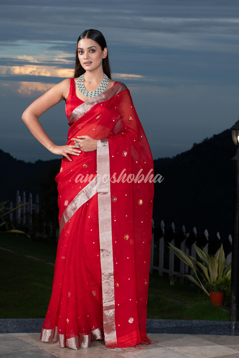 Traditional Red Muslin Silk Zari Work Handloom Saree
