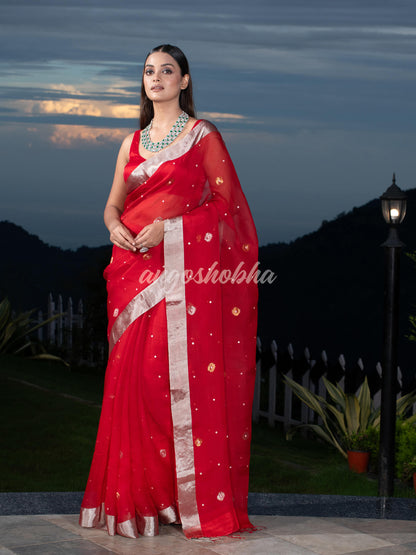 Traditional Red Muslin Silk Zari Work Handloom Saree