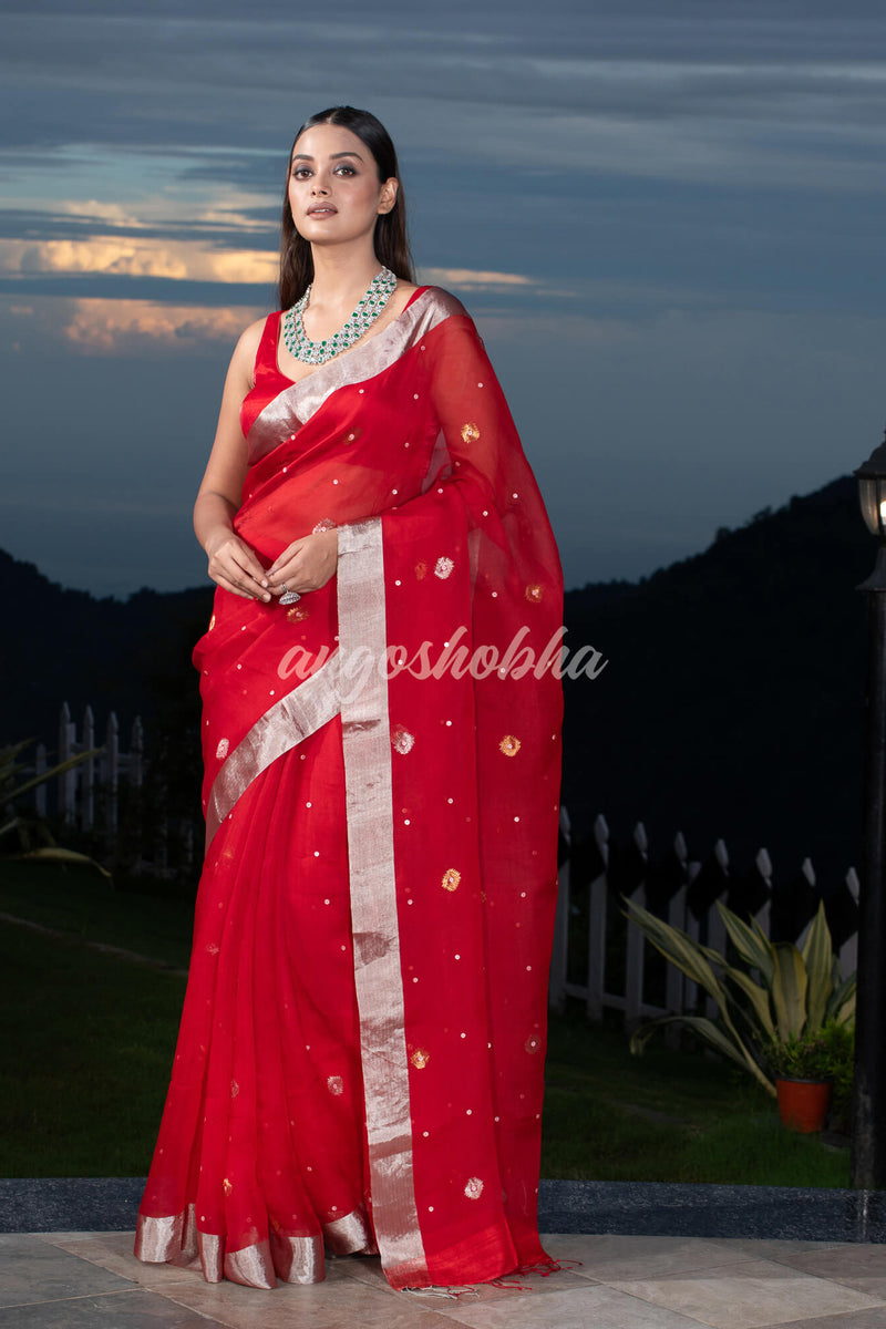 Traditional Red Muslin Silk Zari Work Handloom Saree