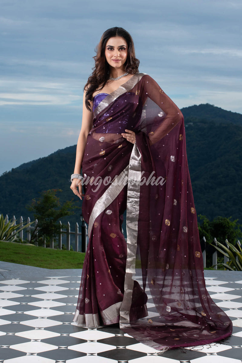 Traditional Brown  Muslin Silk Zari Work Handloom Saree