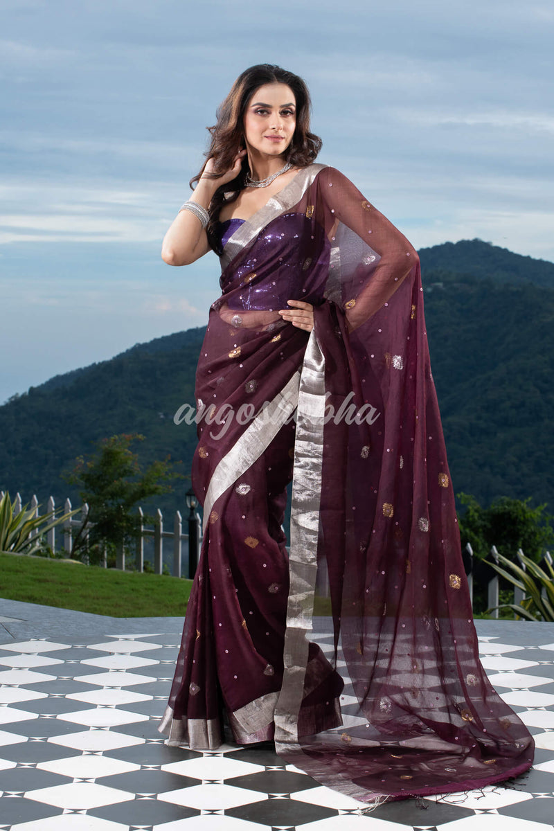 Traditional Brown  Muslin Silk Zari Work Handloom Saree
