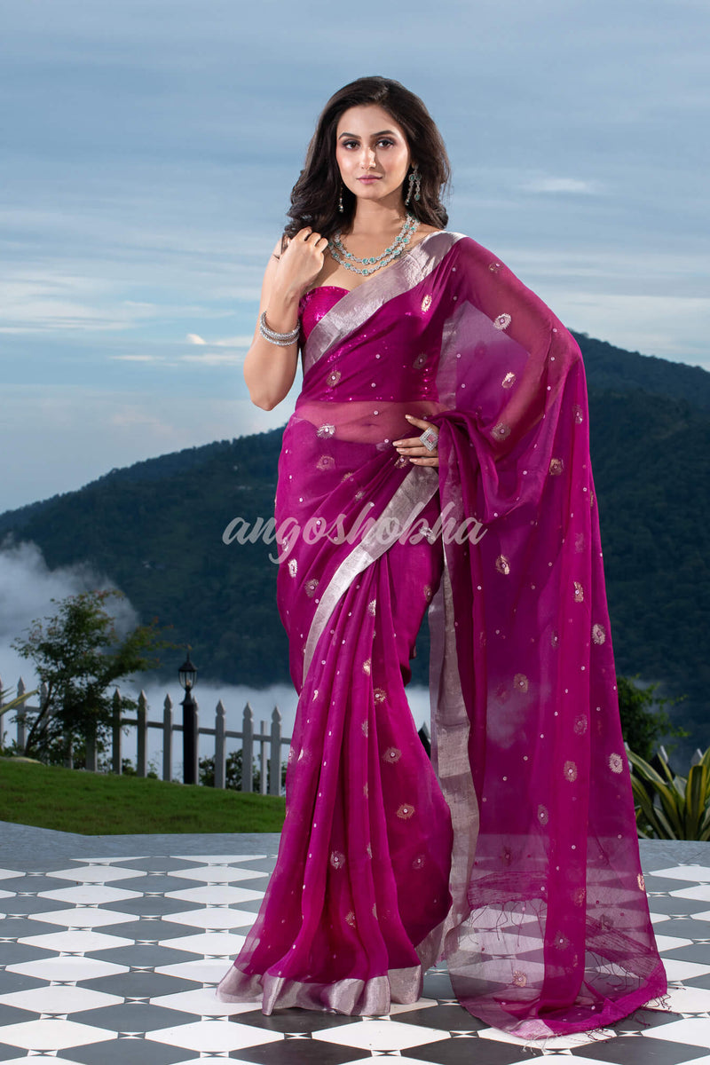 Traditional Magenta Muslin Silk Zari Work Handloom Saree