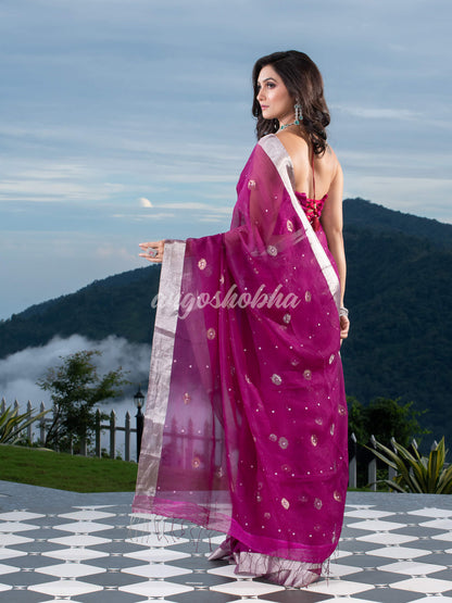 Traditional Magenta Muslin Silk Zari Work Handloom Saree