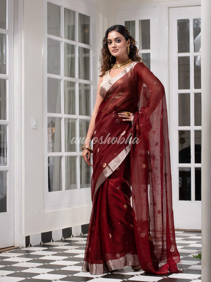 Traditional Maroon Muslin Silk Zari Work Handloom Saree
