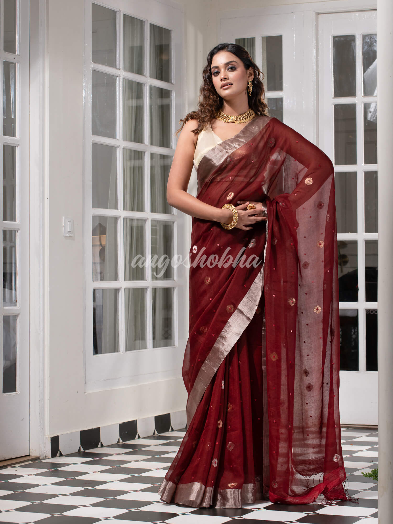 Traditional Maroon Muslin Silk Zari Work Handloom Saree