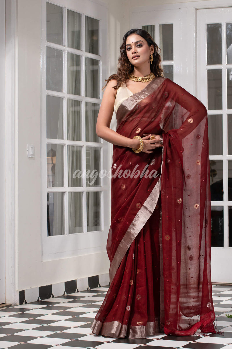 Traditional Maroon Muslin Silk Zari Work Handloom Saree
