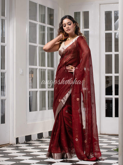 Traditional Maroon Muslin Silk Zari Work Handloom Saree