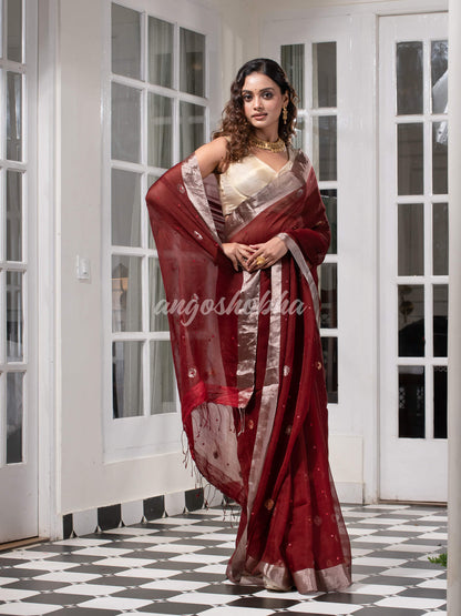 Traditional Maroon Muslin Silk Zari Work Handloom Saree