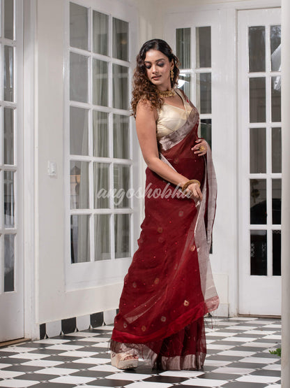Traditional Maroon Muslin Silk Zari Work Handloom Saree