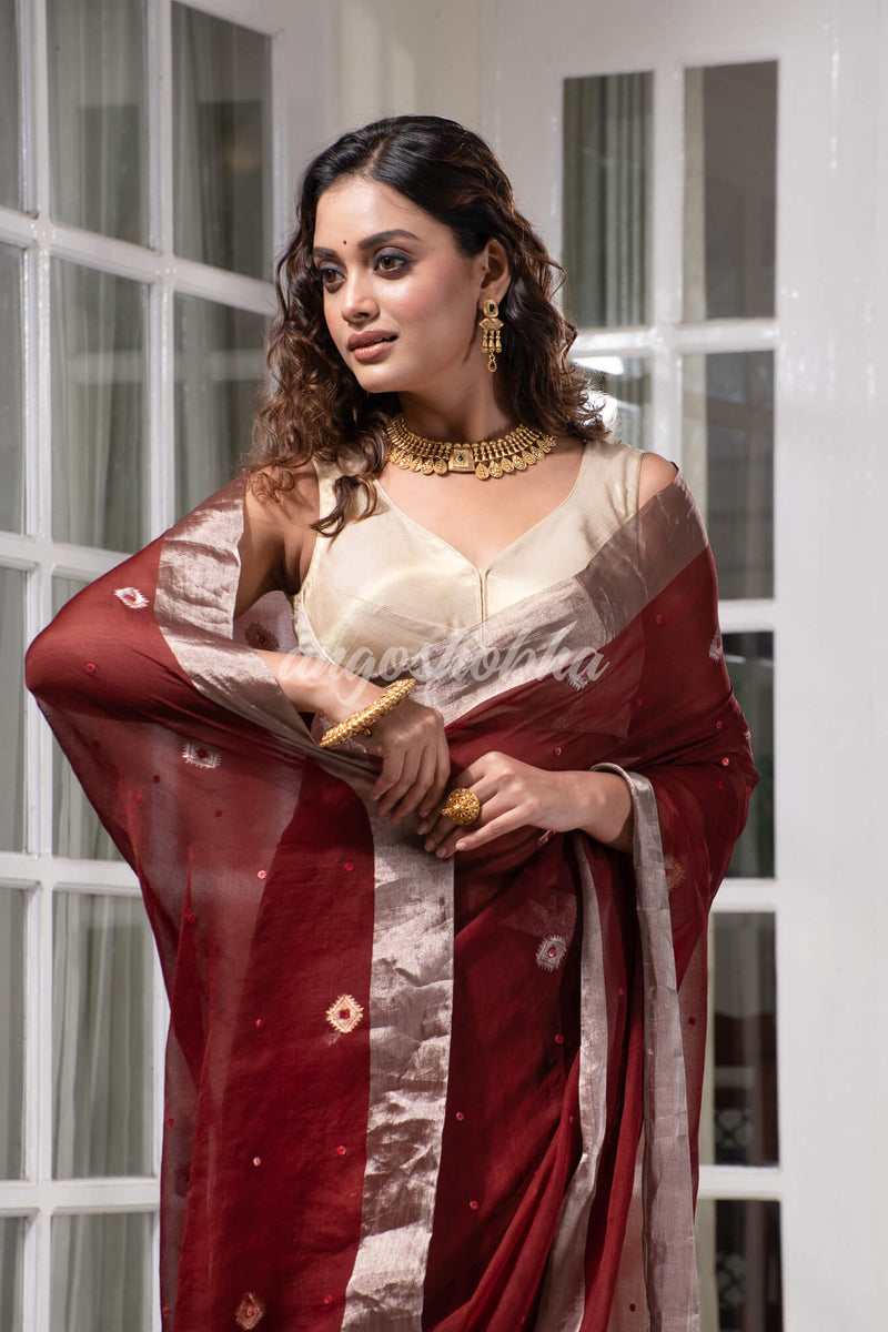 Traditional Maroon Muslin Silk Zari Work Handloom Saree