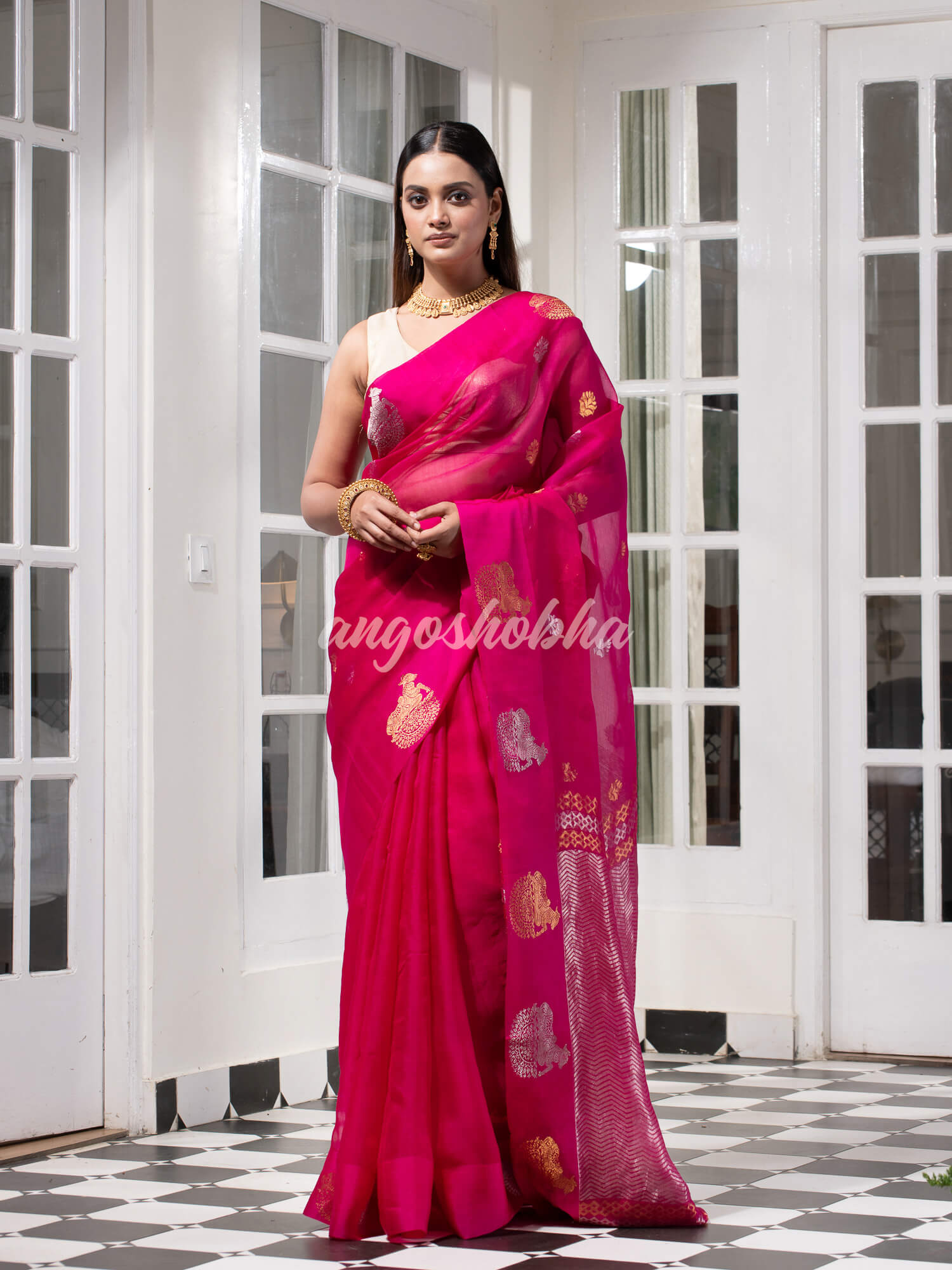 Cranberry Pink Pure Muslin Silk Handwoven Saree