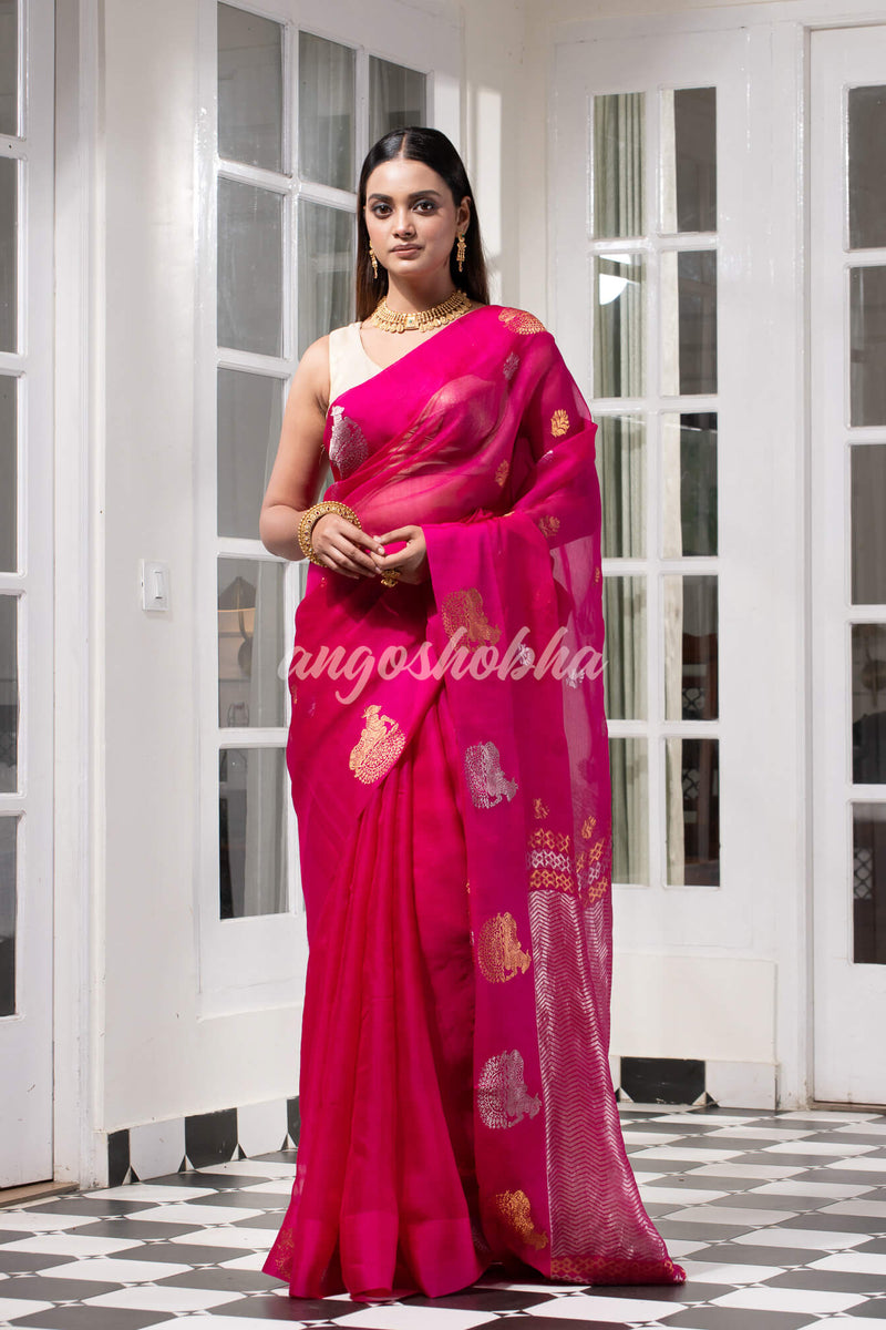 Cranberry Pink Pure Muslin Silk Handwoven Saree