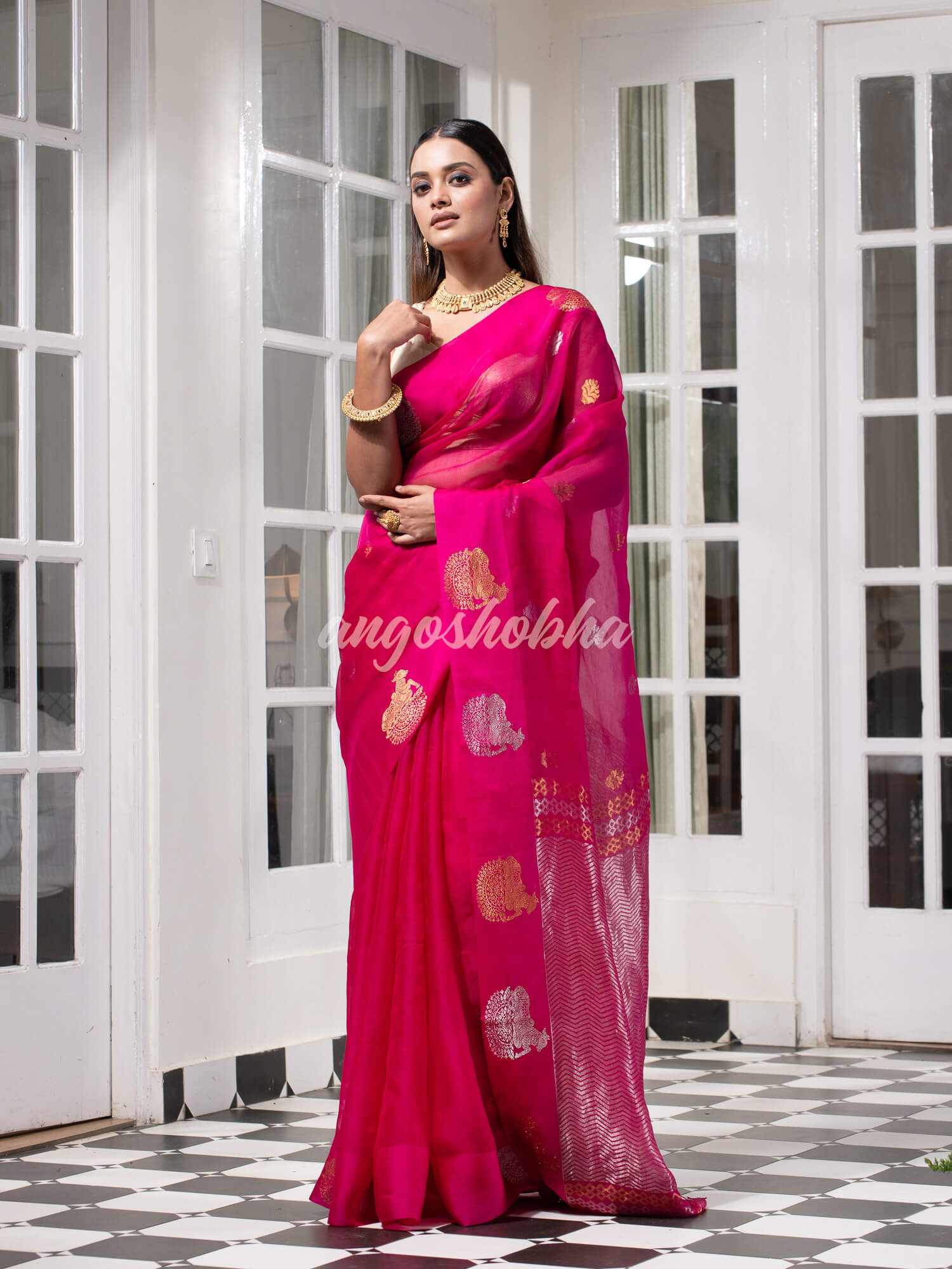 Cranberry Pink Pure Muslin Silk Handwoven Saree