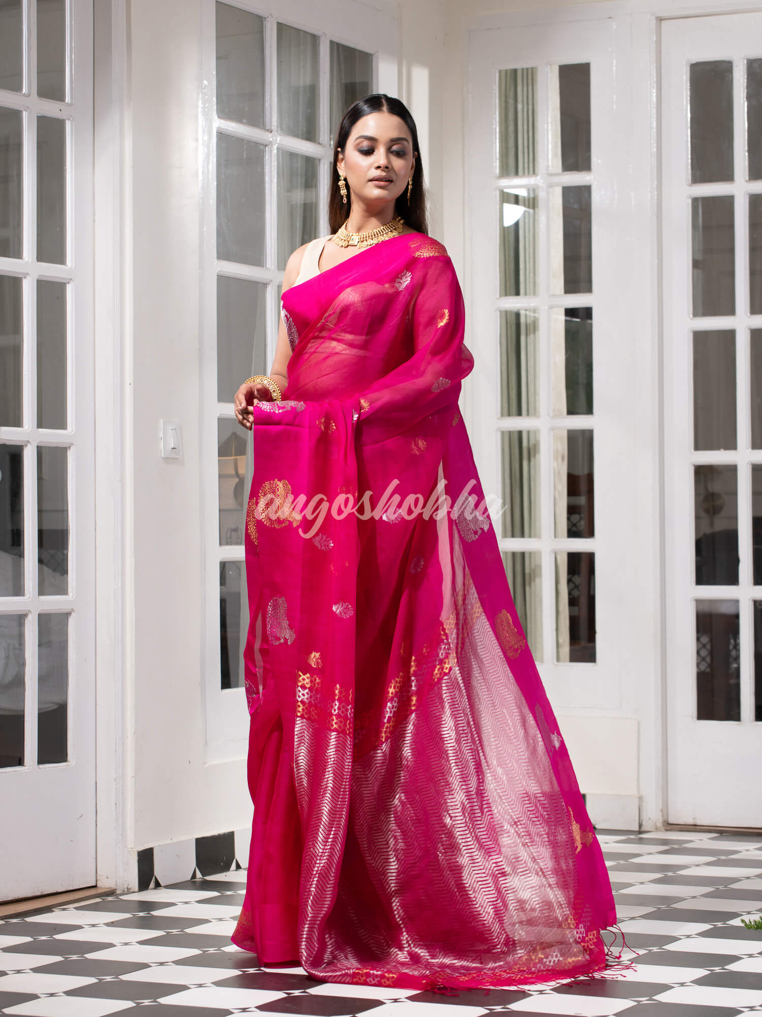Cranberry Pink Pure Muslin Silk Handwoven Saree