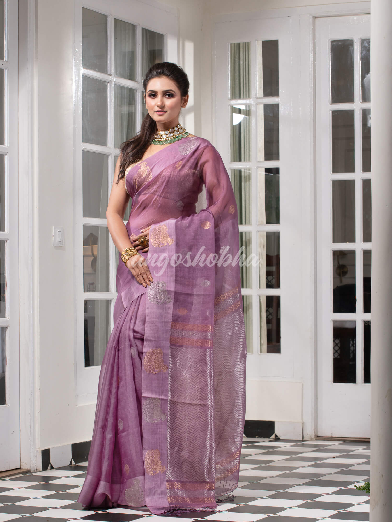 Lilac Purple Pure Muslin Silk Handwoven Saree