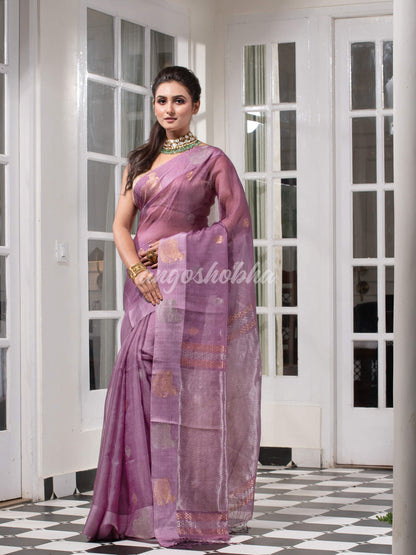 Lilac Purple Pure Muslin Silk Handwoven Saree