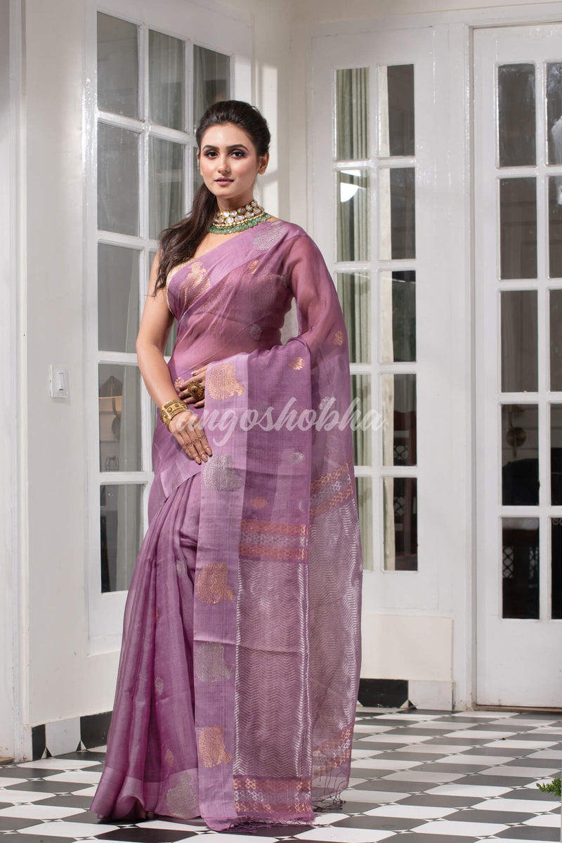 Lilac Purple Pure Muslin Silk Handwoven Saree
