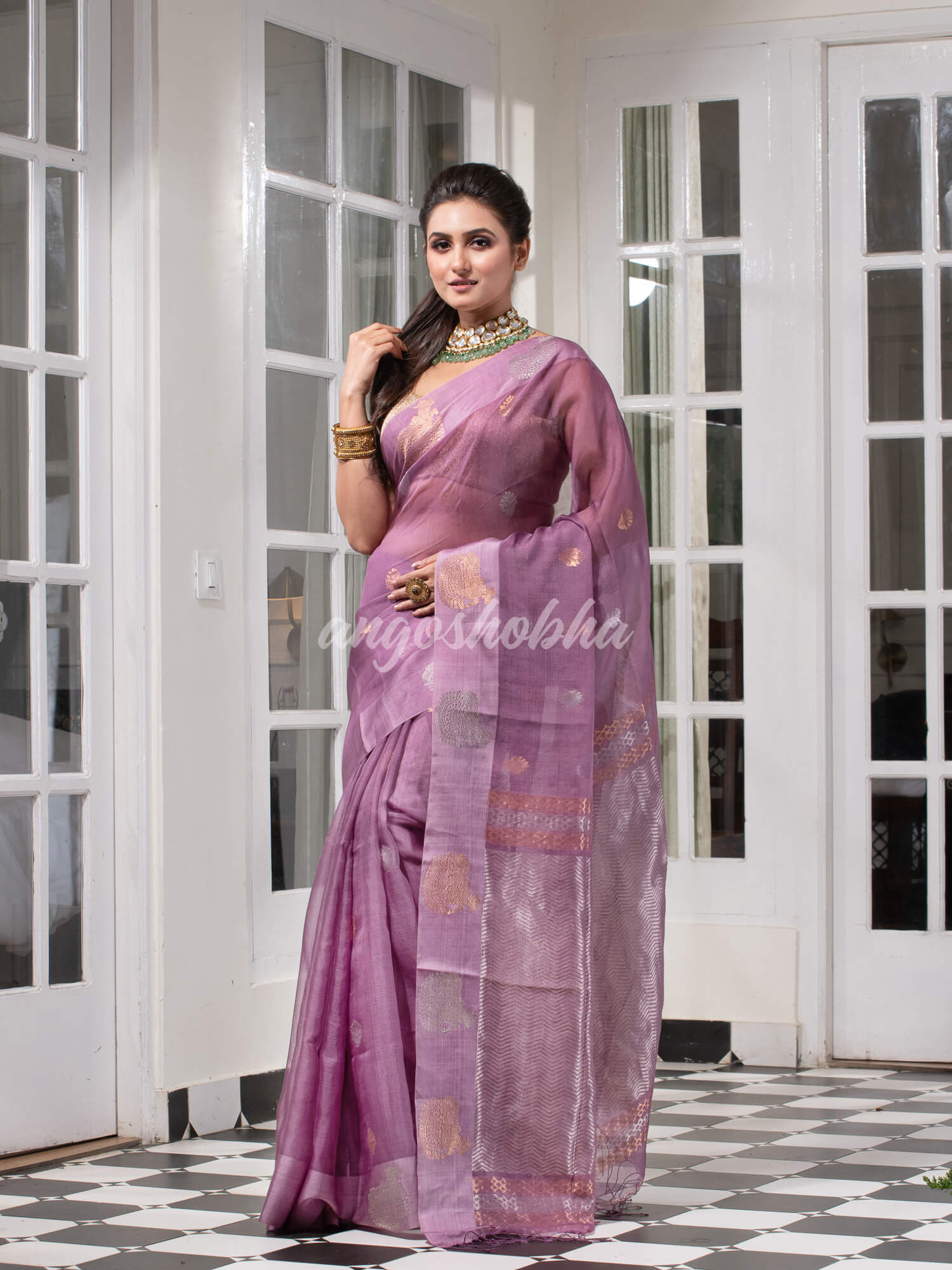 Lilac Purple Pure Muslin Silk Handwoven Saree