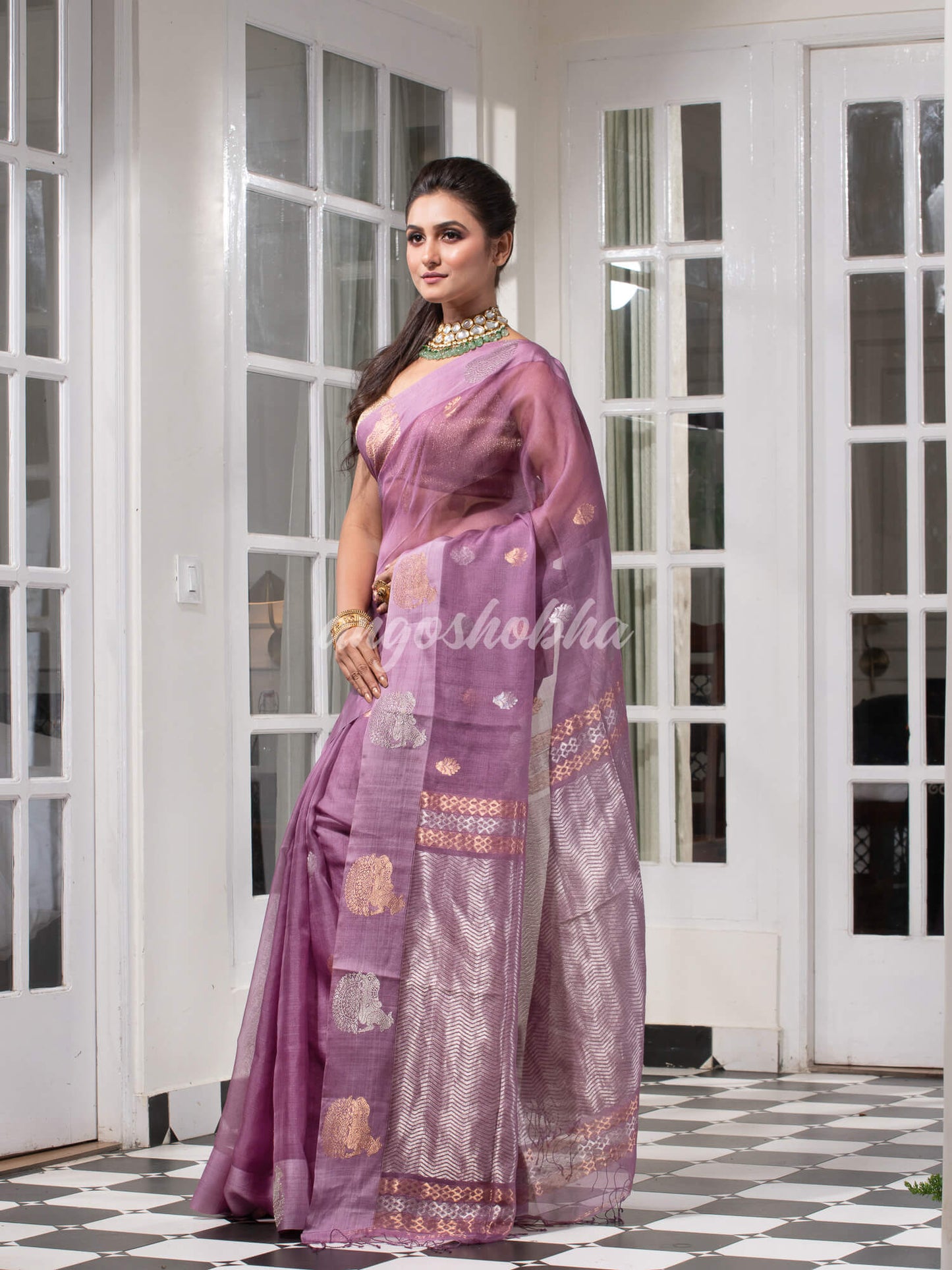 Lilac Purple Pure Muslin Silk Handwoven Saree