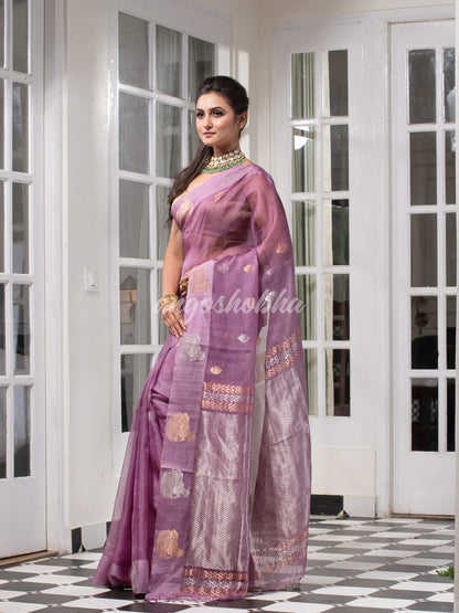 Lilac Purple Pure Muslin Silk Handwoven Saree