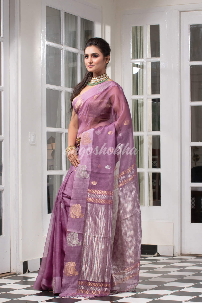 Lilac Purple Pure Muslin Silk Handwoven Saree