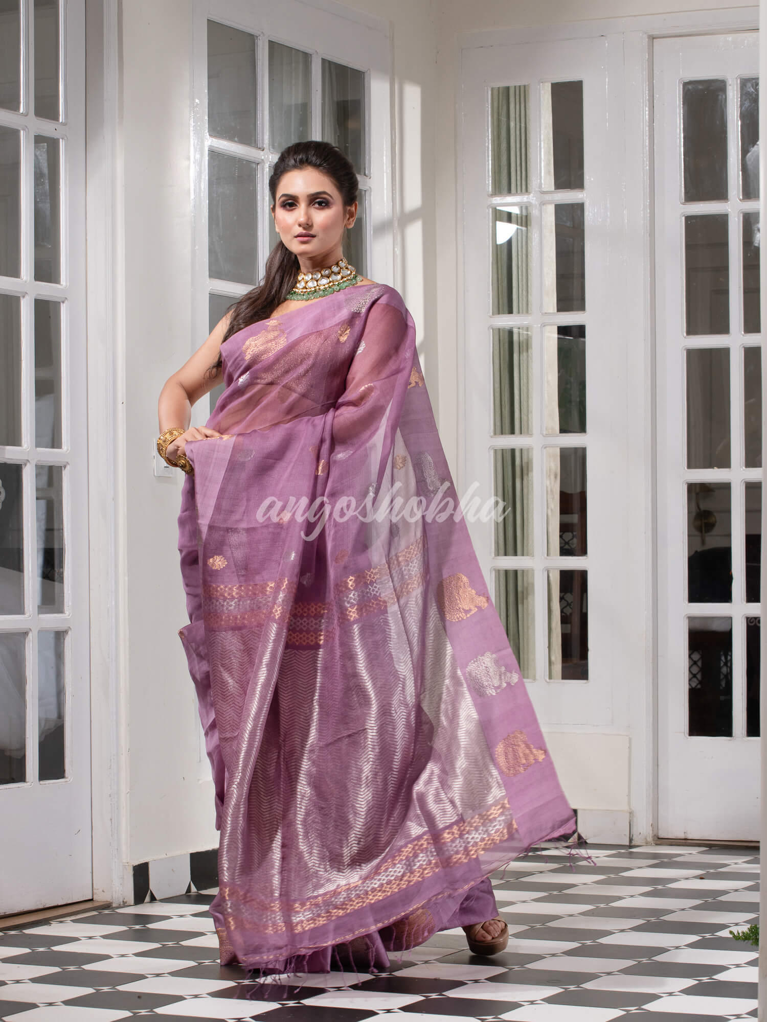 Lilac Purple Pure Muslin Silk Handwoven Saree