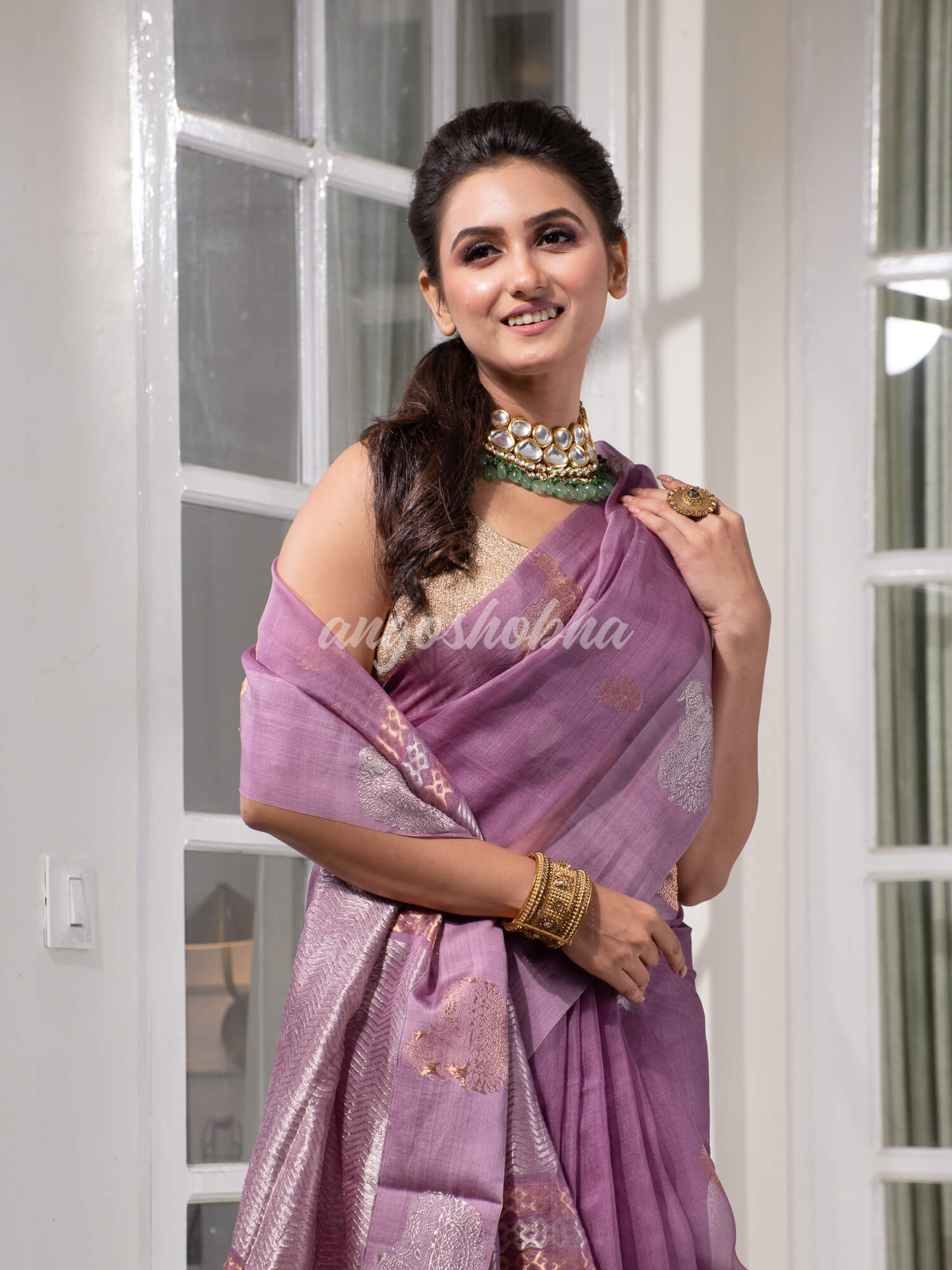 Lilac Purple Pure Muslin Silk Handwoven Saree