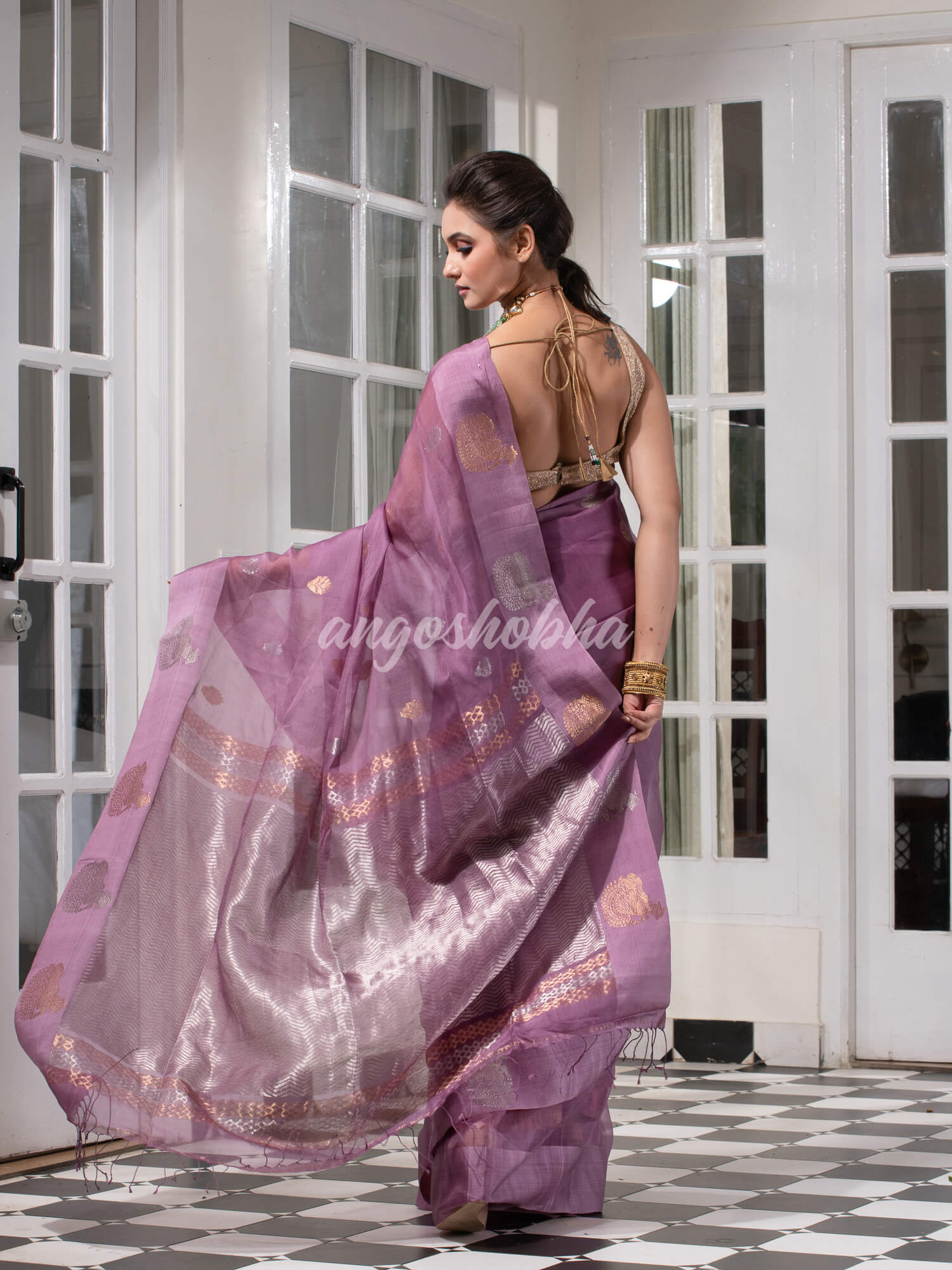 Lilac Purple Pure Muslin Silk Handwoven Saree